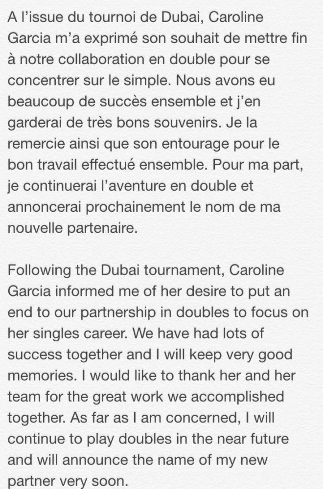 Mladenovic et Garcia se séparent en double à la demande cette dernière