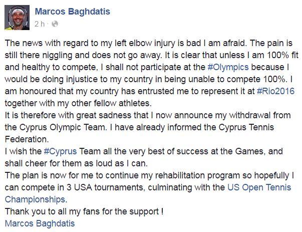 Baghdatis déclare forfait pour les Jeux Olympiques de Rio 
