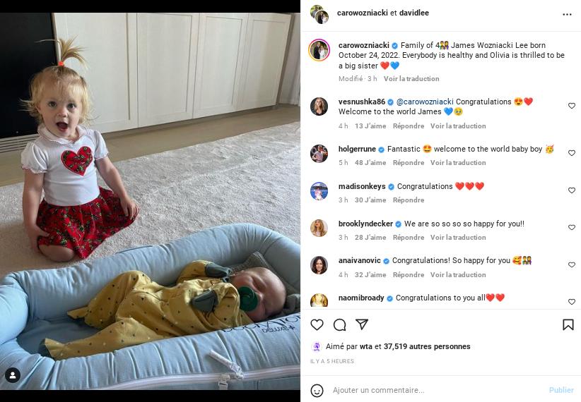 Wozniacki maman d'un deuxième enfant depuis lundi 