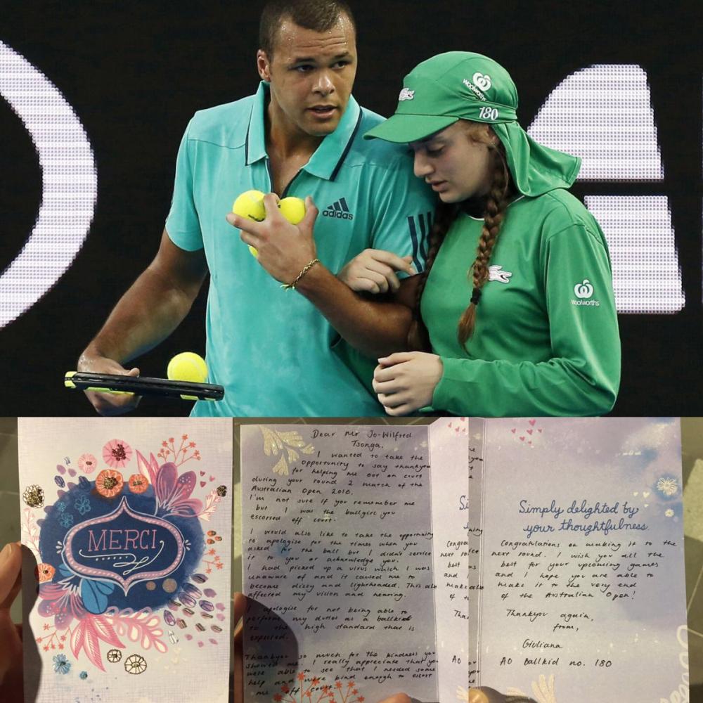 Tsonga a reçu une lettre de remerciement de la ramasseuse de balle souffrant d'un virus qu'il avait aidée à sortir du court l'an dernier.
