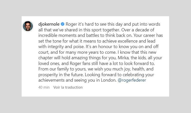 Djokovic : Roger, c'est dur de trouver des mots pour tout ce qu'on a partagé
