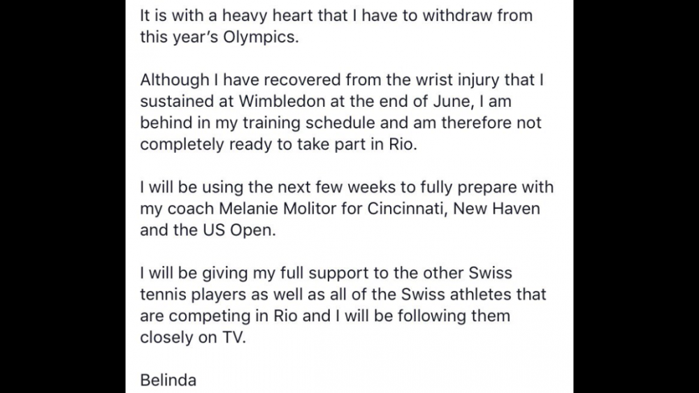 Belinda Bencic forfait pour Rio 