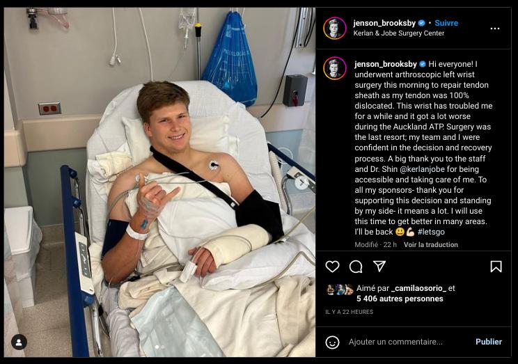 Brooksby : J’ai subi une arthroscopie du poignet gauche ce matin pour réparer la gaine du tendon car mon tendon était disloqué à 100%
