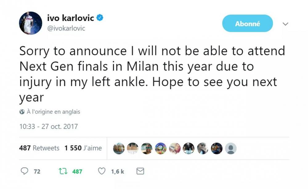 Quand Karlovic plaisante : Je suis contraint d'annoncer que je ne jouerai pas le Next Gen ATP Finals à cause d'une blessure à la cheville