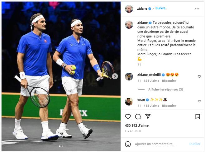 Zidane à Federer : Je te souhaite une deuxième partie de vie aussi riche que la première. Merci Roger, tu as fait rêver le monde entier 
