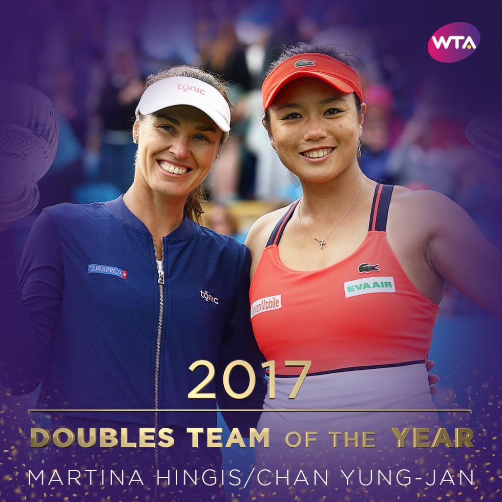La paire Martina Hingis et Chan Yung-Jan élue meilleure équipe de doubles de l'année avec neuf titres remportés cette saison dont l'US Open.