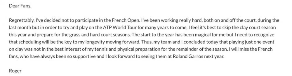 Federer ne participera pas à Roland-Garros cette année 