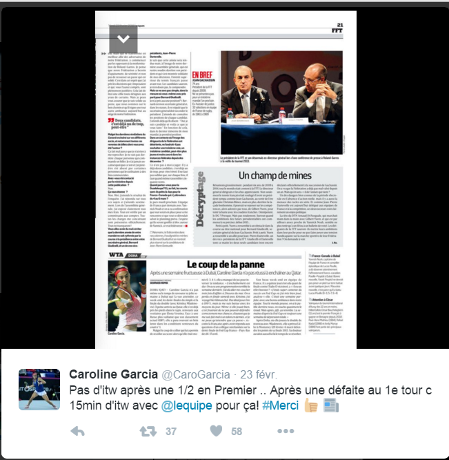 Garcia critique l'Equipe qui a écrit un article sur sa défaite à Doha et déplore aussi l'absence d'interview pour sa demi-finale à Dubaï.