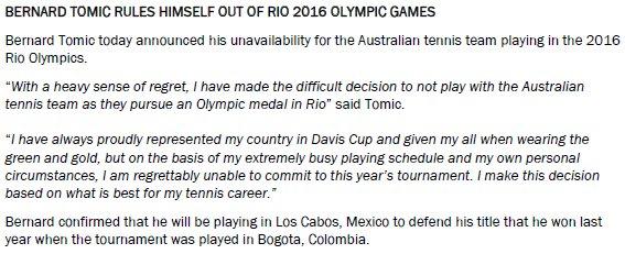 Tomic choisit de défendre ses 250 points de Bogota (qui n'existe plus) en jouant au tournoi de Los Cabos, à la place des Jeux Olympiques.