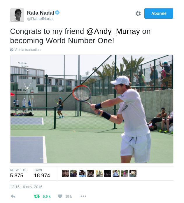 Nadal avait aussi félicité Murray dès dimanche via Twitter : Félicitations à mon ami Andy Murray pour être devenu numéro 1 mondial
