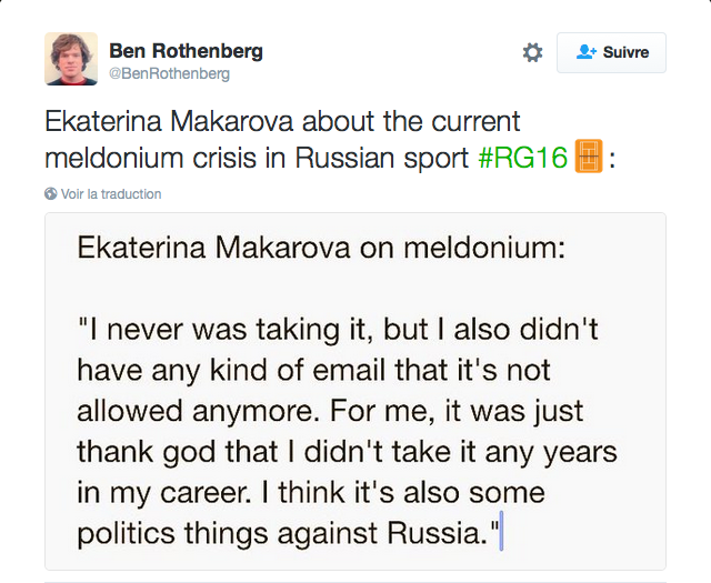 Makarova sur le meldonium : Je n'ai jamais reçu de mail l'interdisant