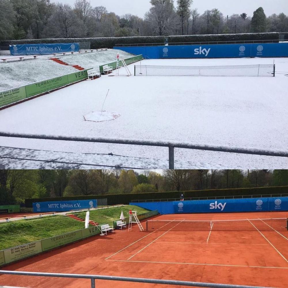 La neige est apparue ce mardi sur le site du tournoi de Munich (1-7 mai) presque un an jour pour jour après les chutes de l'année dernière.