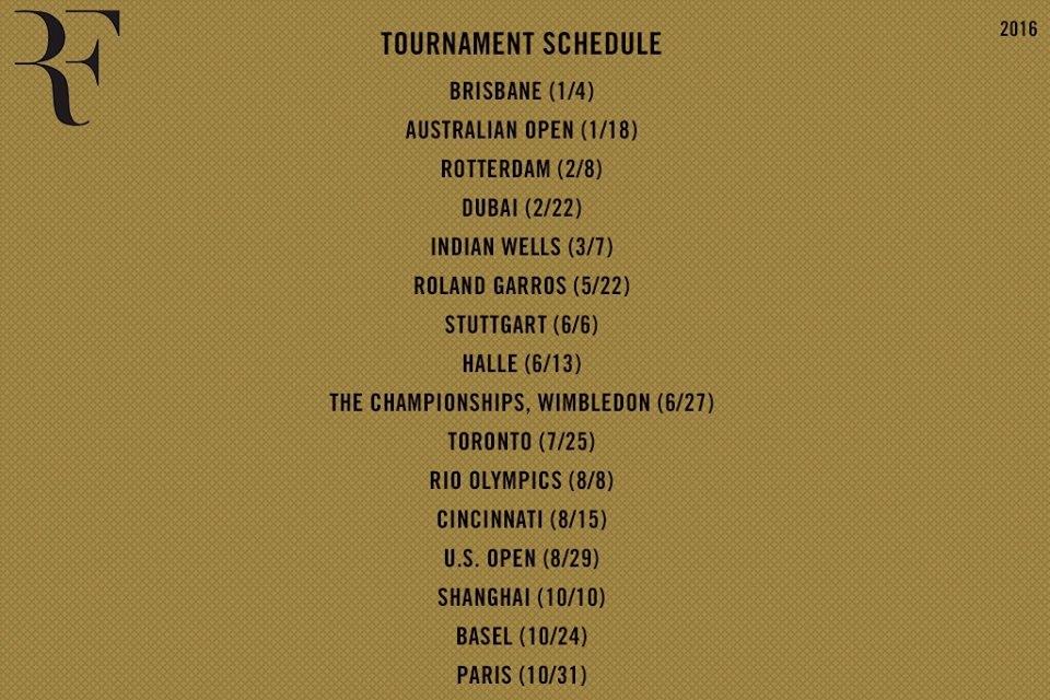 Federer révèle son programme pour la saison 2016 