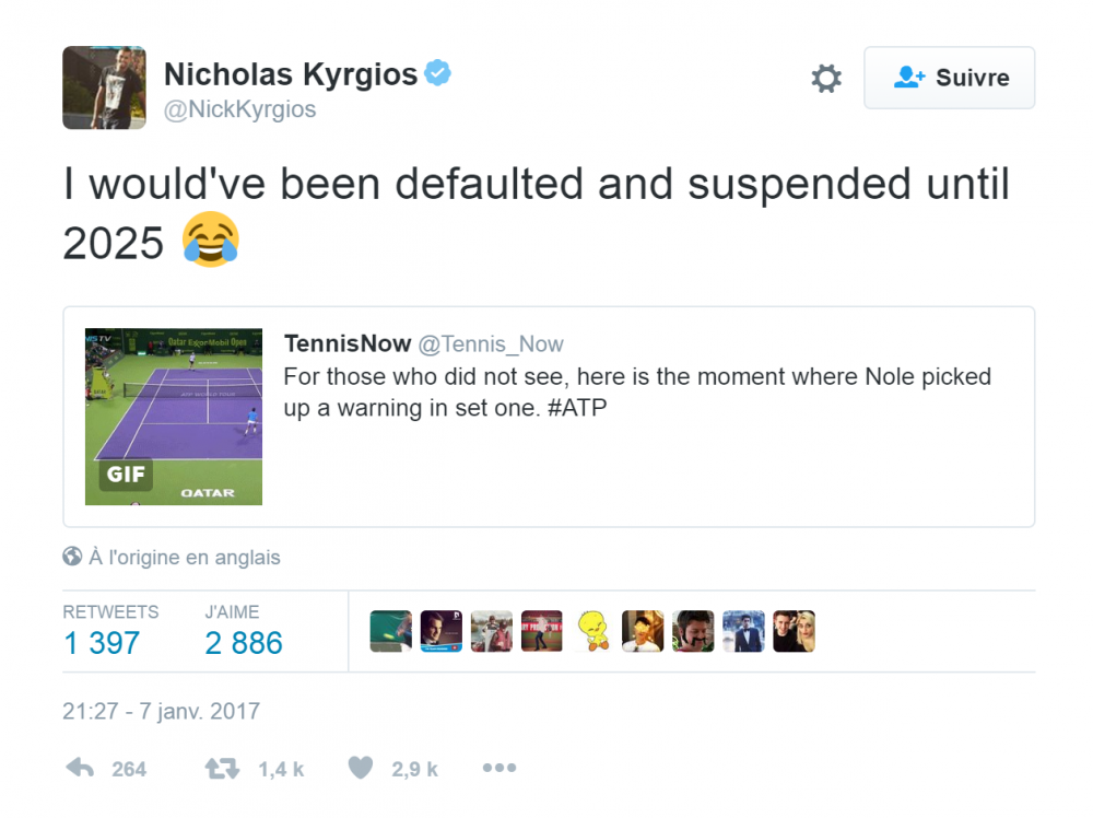 Kyrgios réagit face au comportement de Djokovic en finale de Doha : J'aurai pris une suspension jusqu'en 2025 si ça avait été moi